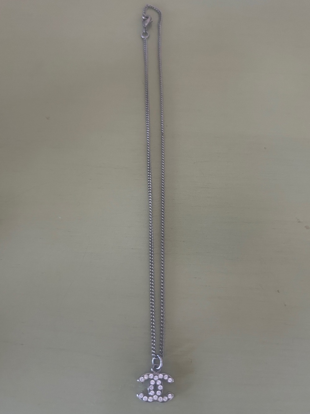CHANEL Silver Crystal CC Logo Necklace